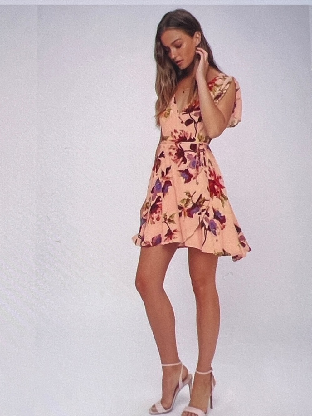 LuLus Cherished Love Blush Floral Wrap Mini Dress